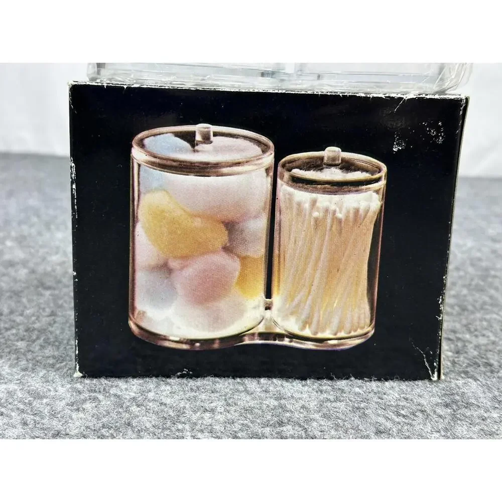 NEW Vintage Cotton‎ Ball & Swab QTip Holder Clear Plastic Lid Home Office NIB